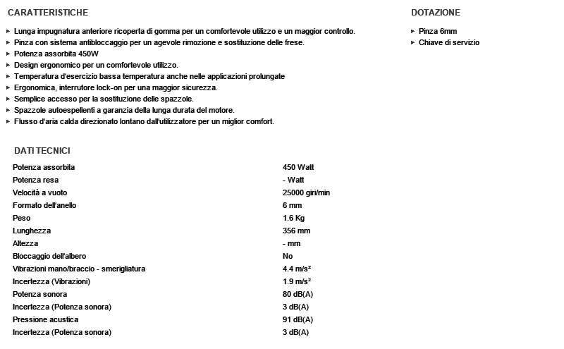 DeWalt DWE4884 smerigliatrice dritta 450W 6mm impugnatura lunga confortevole solo 1,6kg di peso