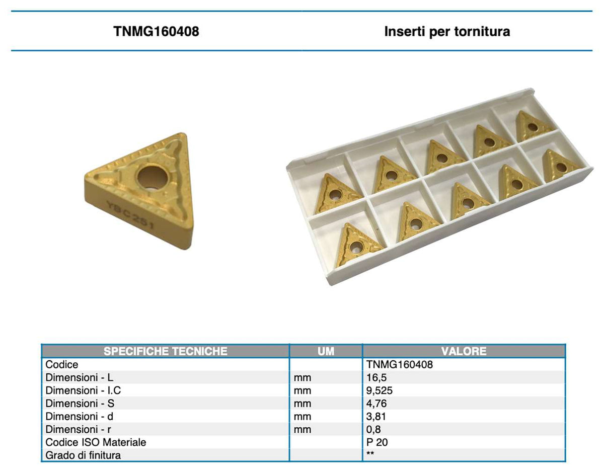 Inserti placchette metallo duro tornio tornitura 10pz - TNMG1604(04-08)