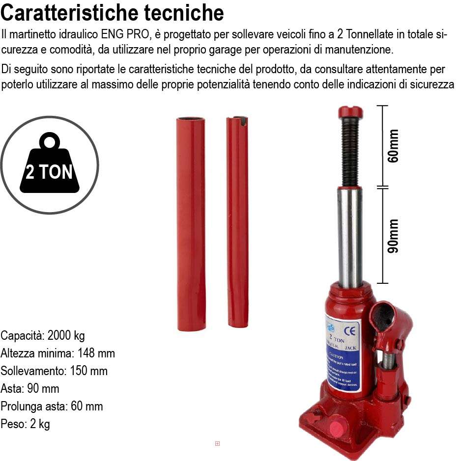 Cric auto sollevatore idraulico martinetto a bottiglia 2 t - ENG PRO MA CB 0002