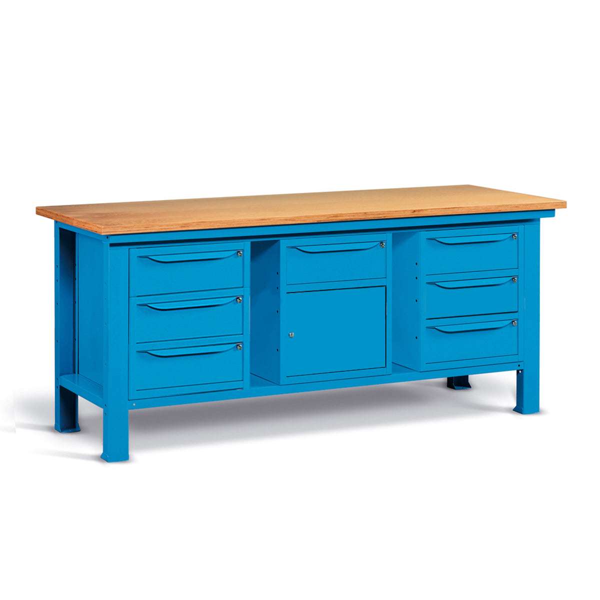 Banco da lavoro per officina piano in legno 2000 X 750 X 880 H - 2 armadi 3 cassetti + 1 armadio 1 cassetto 1 porta - FAMI - Blu