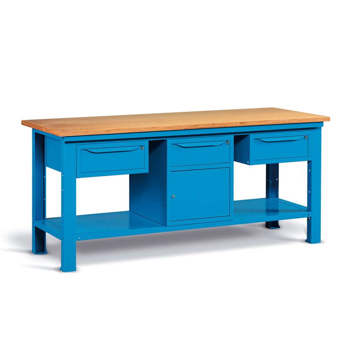 Banco da lavoro per officina piano in legno 2000 X 750 X 880 H - 2 armadi 1 cassetto + 1 armadio 1 cassetto E 1 porta - FAMI - Blu