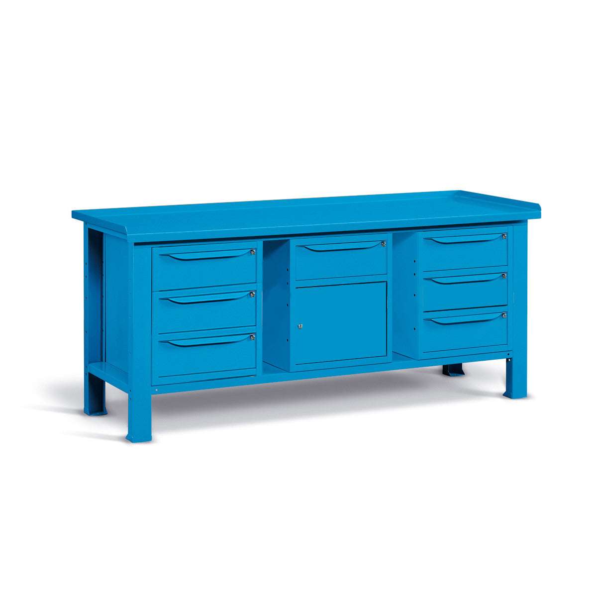 Banco da lavoro per officina piano in acciaio 2007 x 705 x 855 H - 2 armadi 3 cassetti + 1 armadio 1 cassetto 1 porta - FAMI - Blu