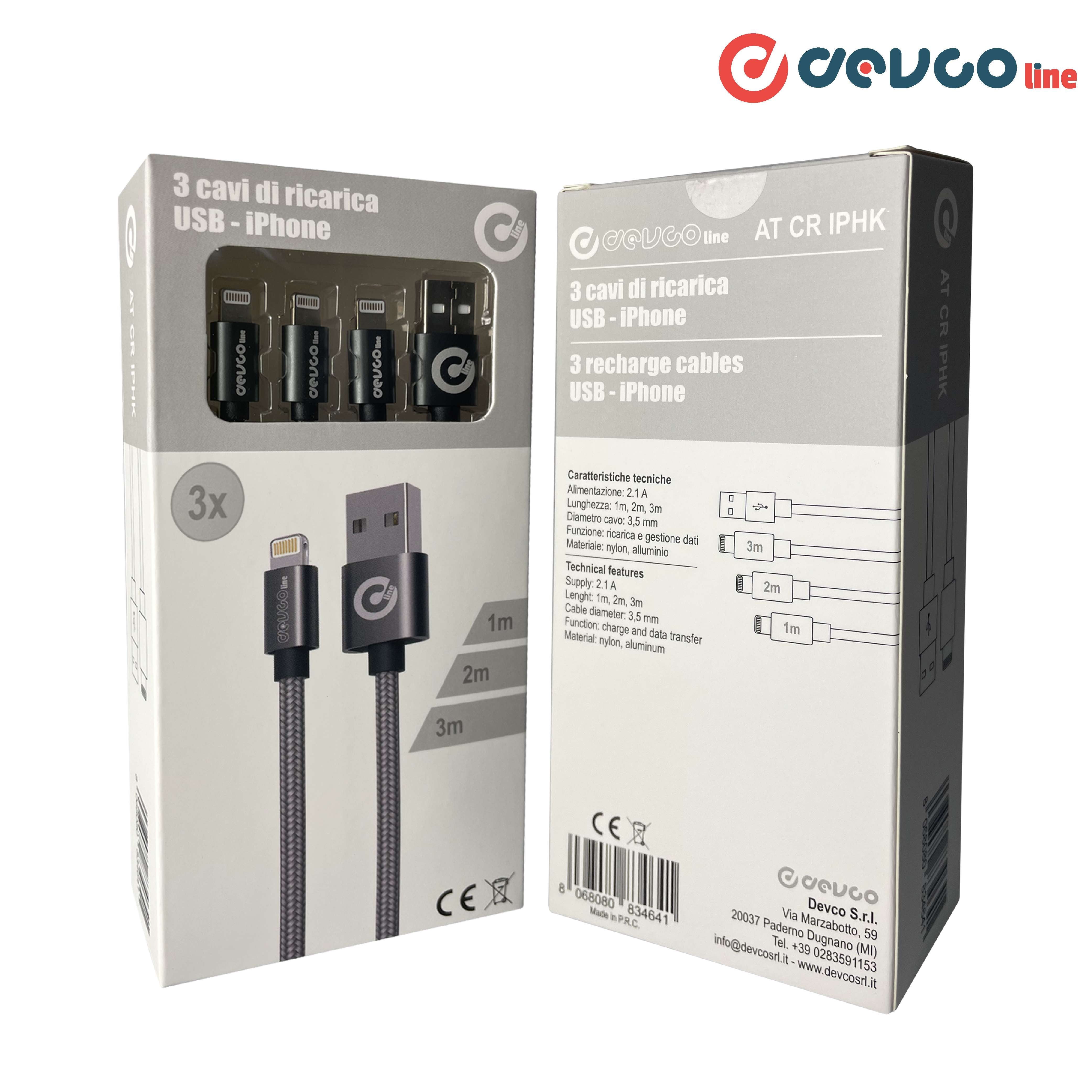 Kit set di 3 cavi USB iPhone (1m , 2m , 3m) attacco USB-A - DEVCOline ATCR IPHK